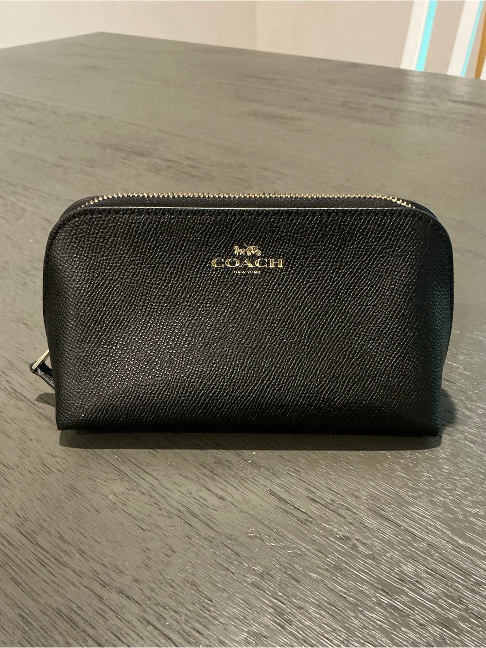 Coach Black Saffiano Leather Cosmetic Pouch with Gold Logo